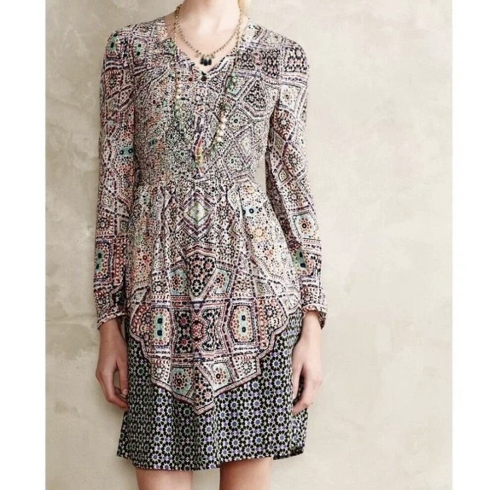 Anthropologie Maeve Tiled Amethyst Floral Multicolor Boho Long Sleeves Dress L